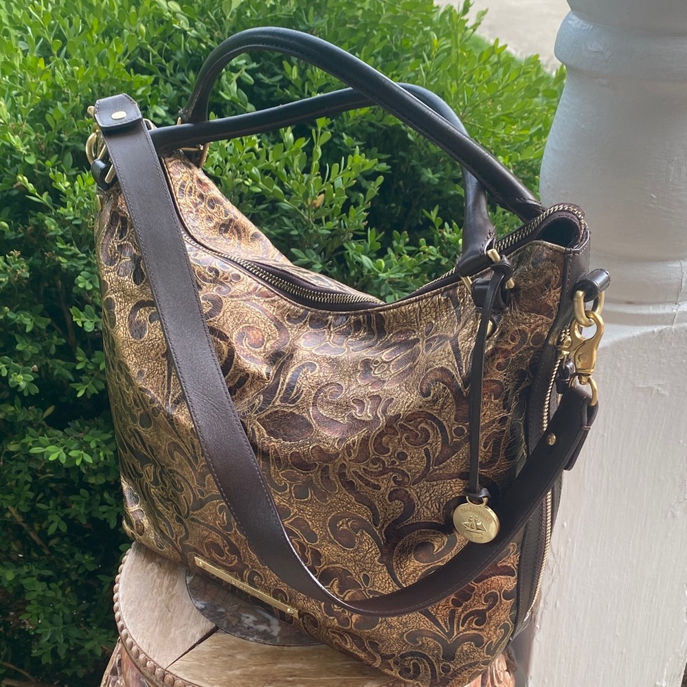 🤎Brahmin Shoulder Bag Metallic Golden & Bronze Floral/Paisley Leather Purse EUC💛